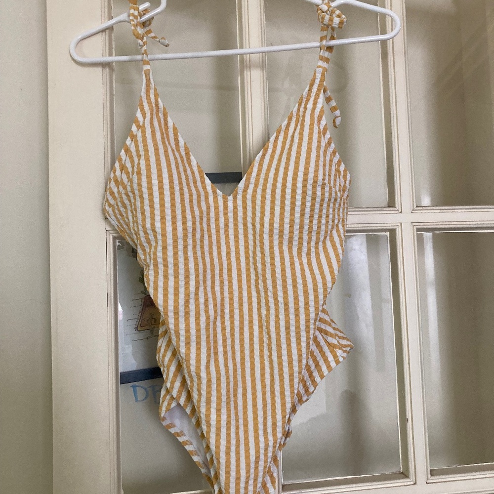 Jessica Simpson yellow striped Bardot swim suit